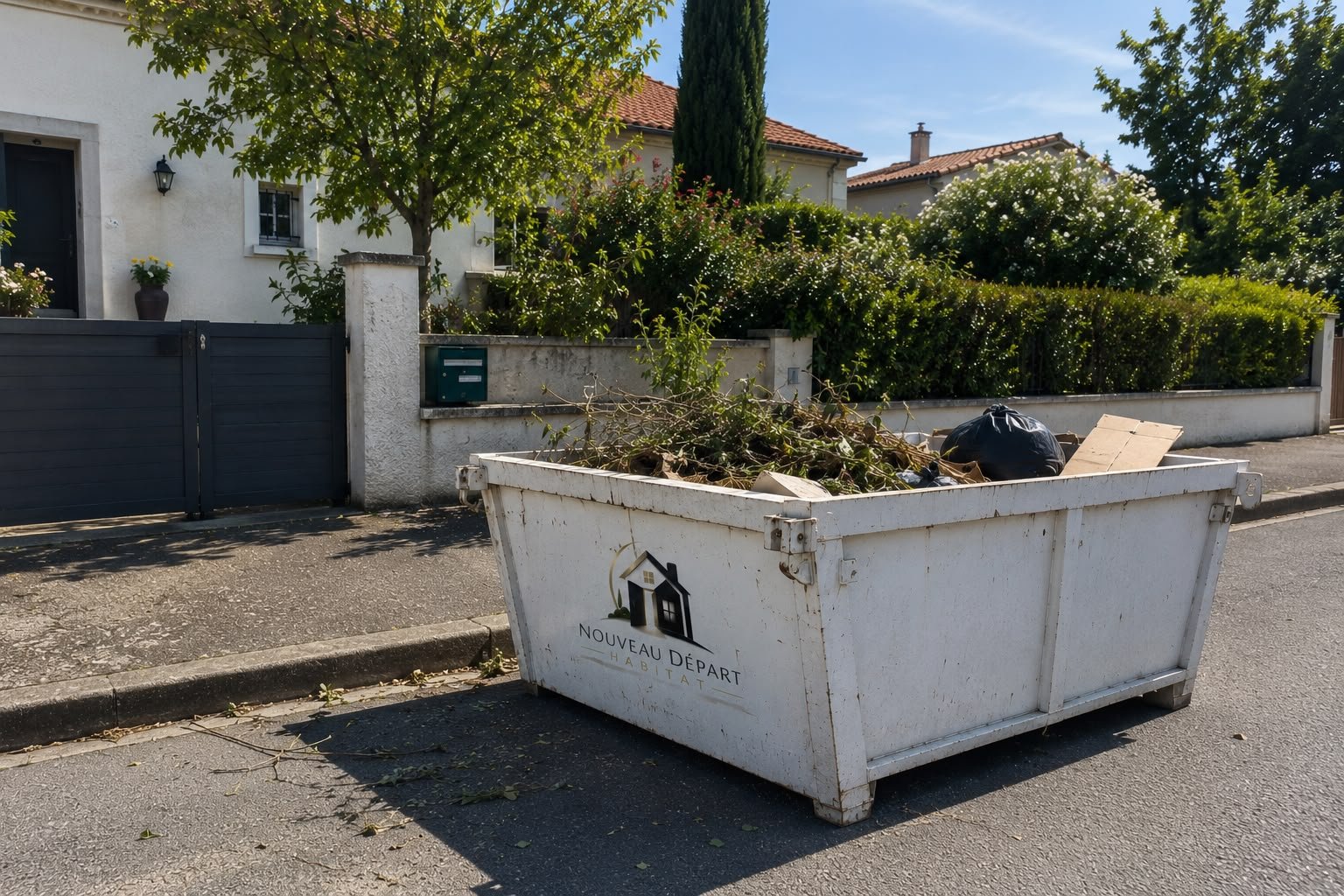 Benne de débarras dans une rue résidentielle du Var